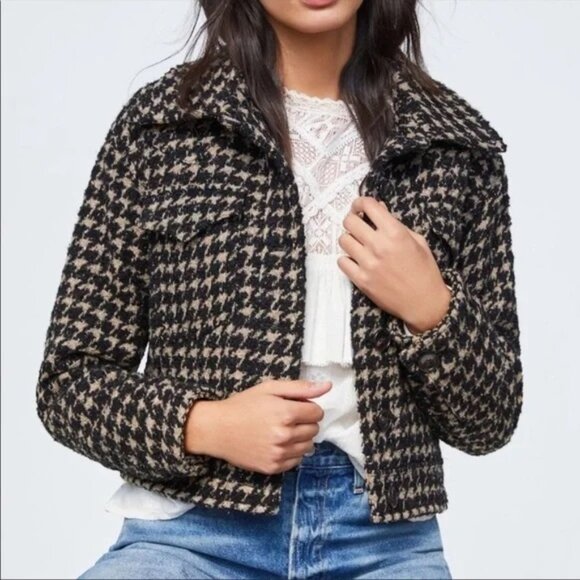 Anthropologie Avec Les Filles Lea Houndstooth Shimmer Cropped Jacket Size L Wool - Picture 1 of 10